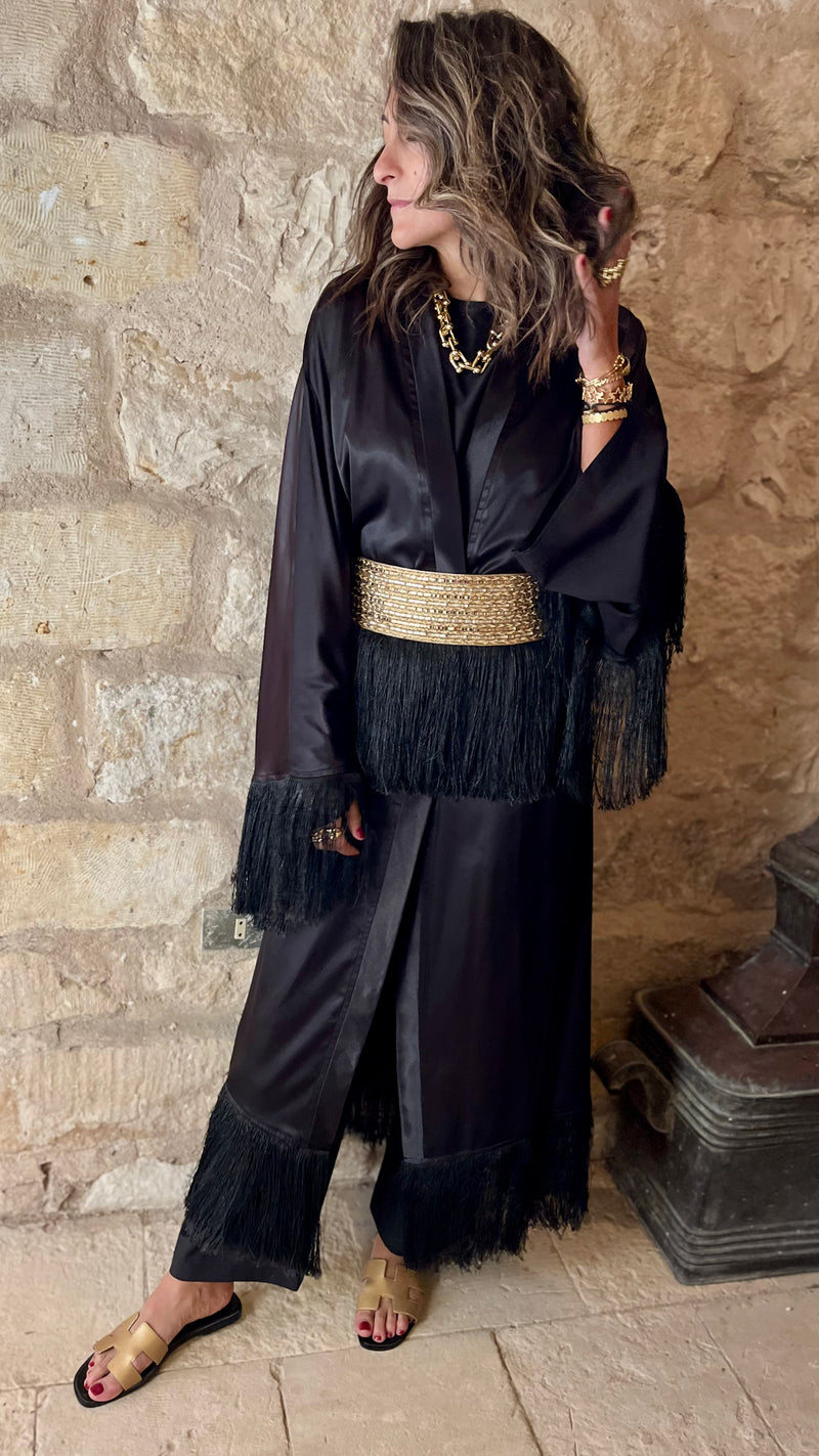 Black satin with detachable belt Kaftan