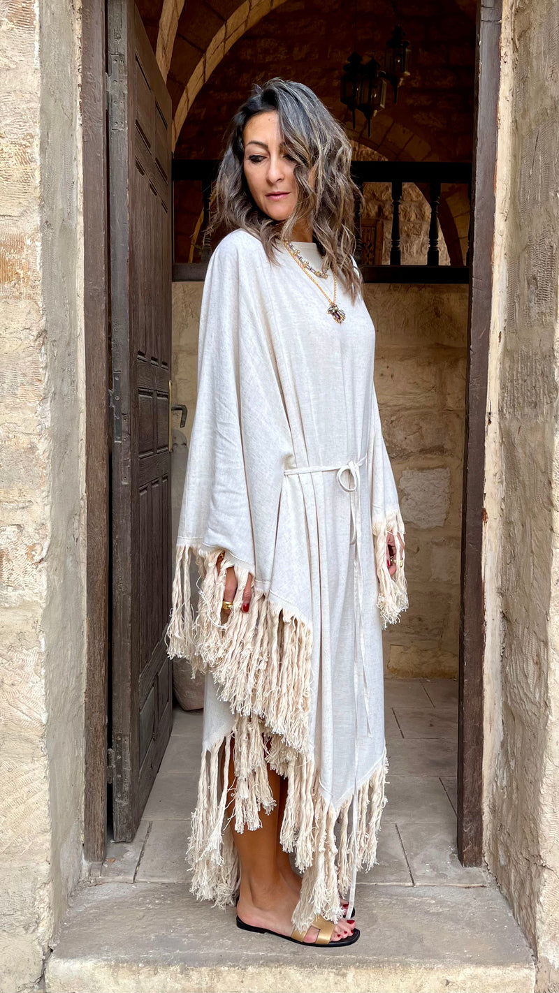 Beige linen Bohemian Poncho Dress