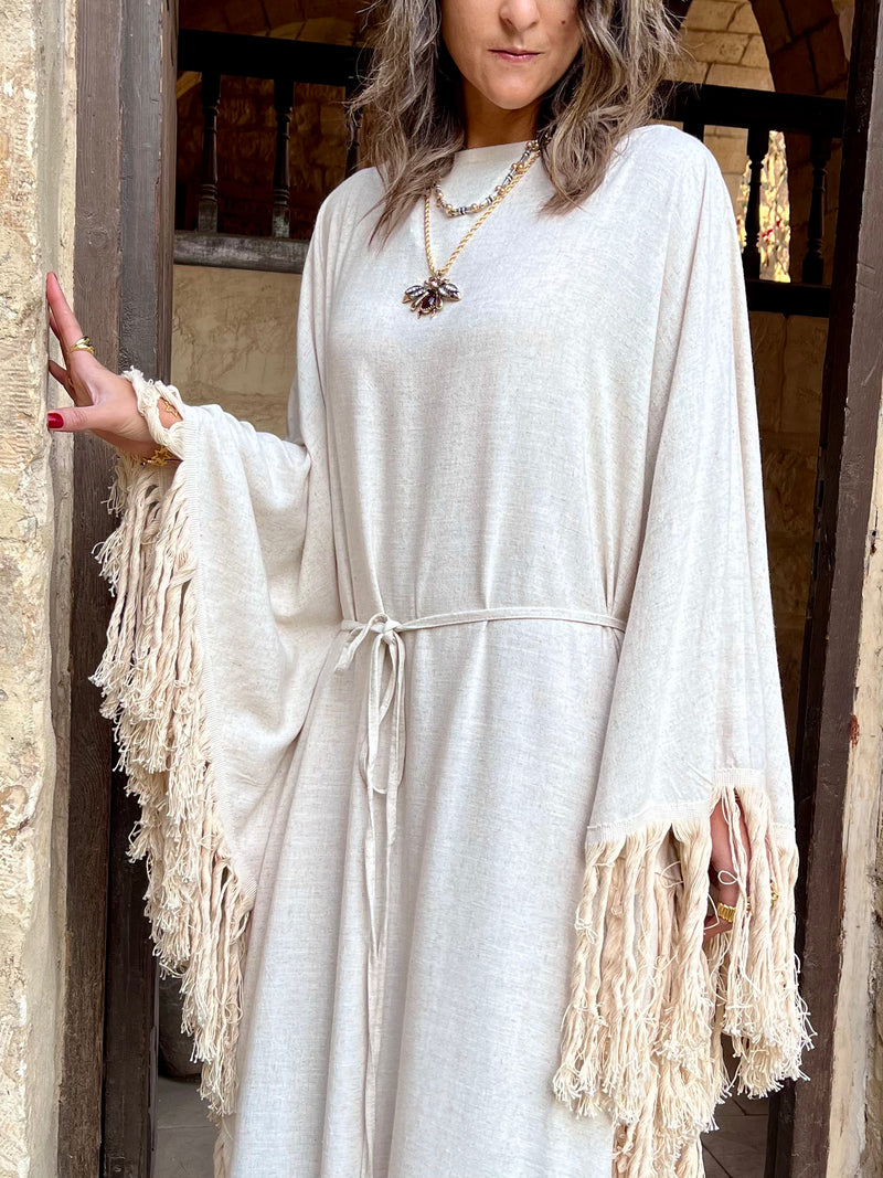 Beige linen Bohemian Poncho Dress