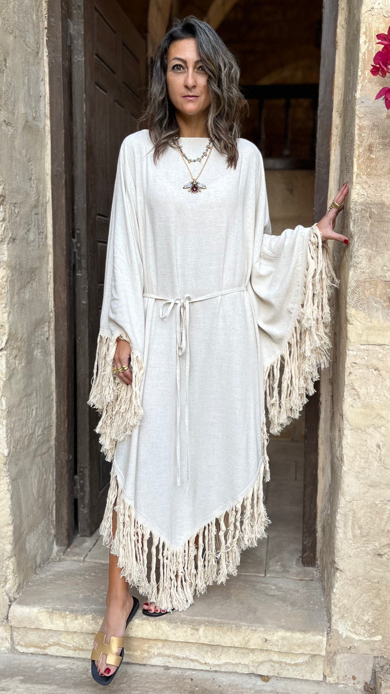 Beige linen Bohemian Poncho Dress