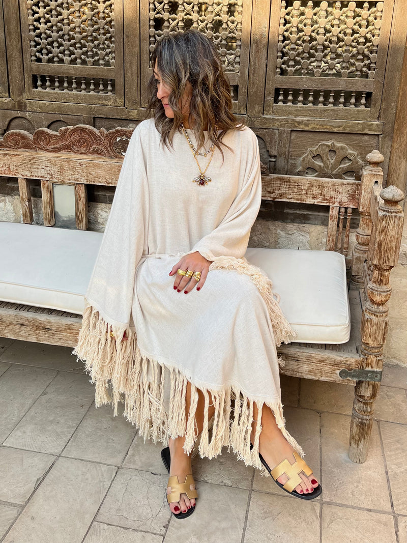 Beige linen Bohemian Poncho Dress