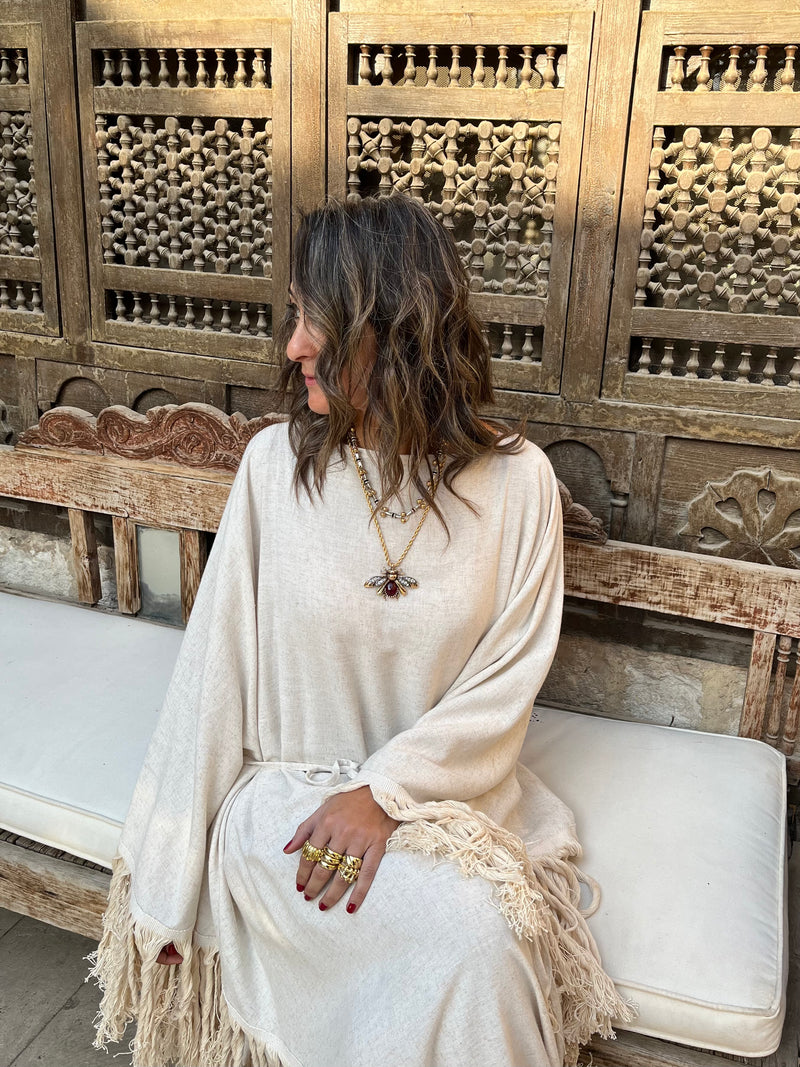 Beige linen Bohemian Poncho Dress