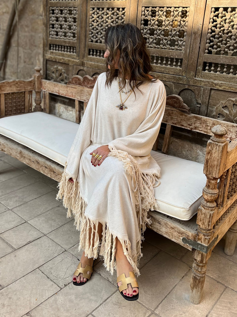 Beige linen Bohemian Poncho Dress