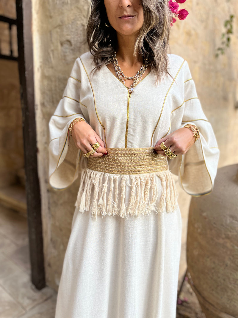 Beige Linen with detachable belt Kaftan