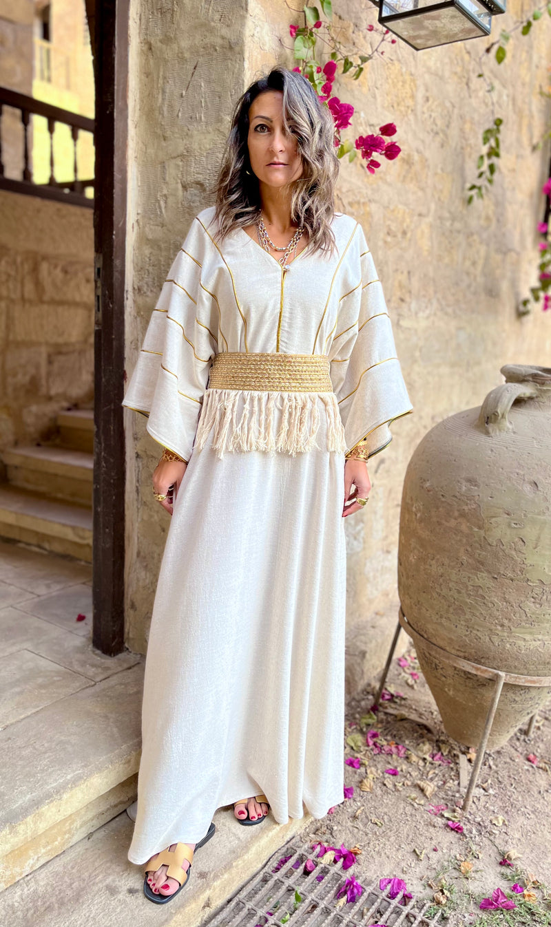 Beige Linen with detachable belt Kaftan