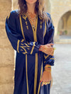 Navy Linen Embroidered Golden Dress