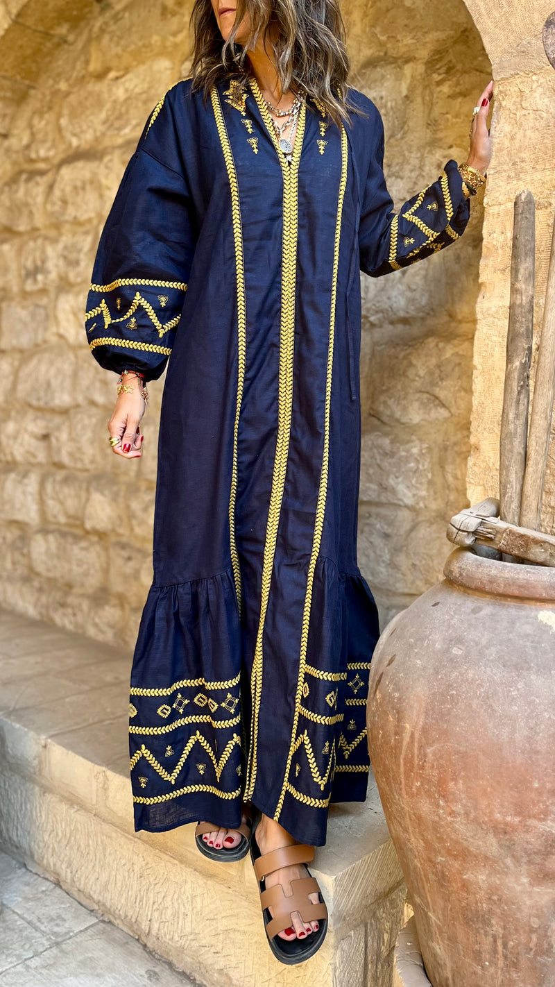 Navy Linen Embroidered Golden Dress