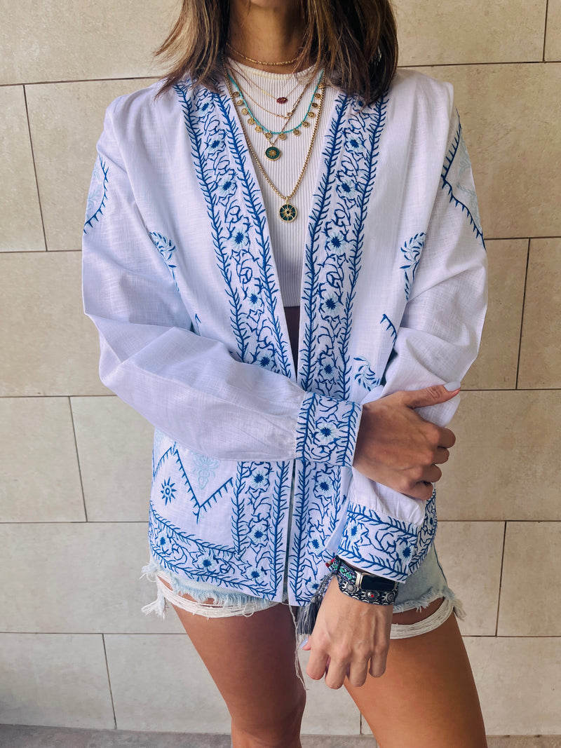 White Fine China Linen Embroidered Shirt