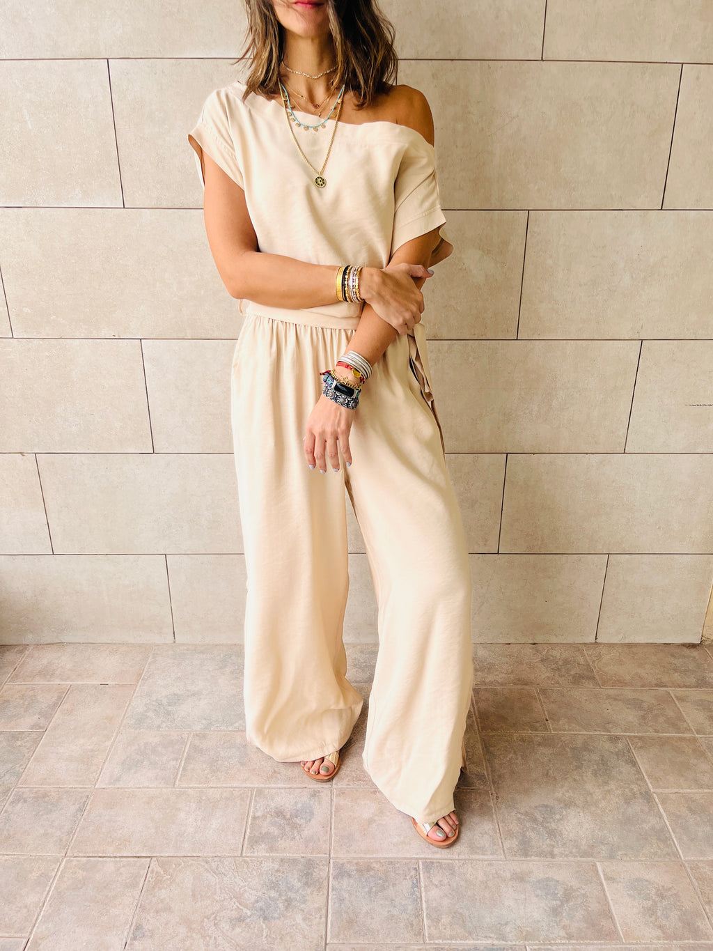 Beige Off Shoulder Slitted Jumpsuit