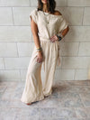 Beige Off Shoulder Slitted Jumpsuit