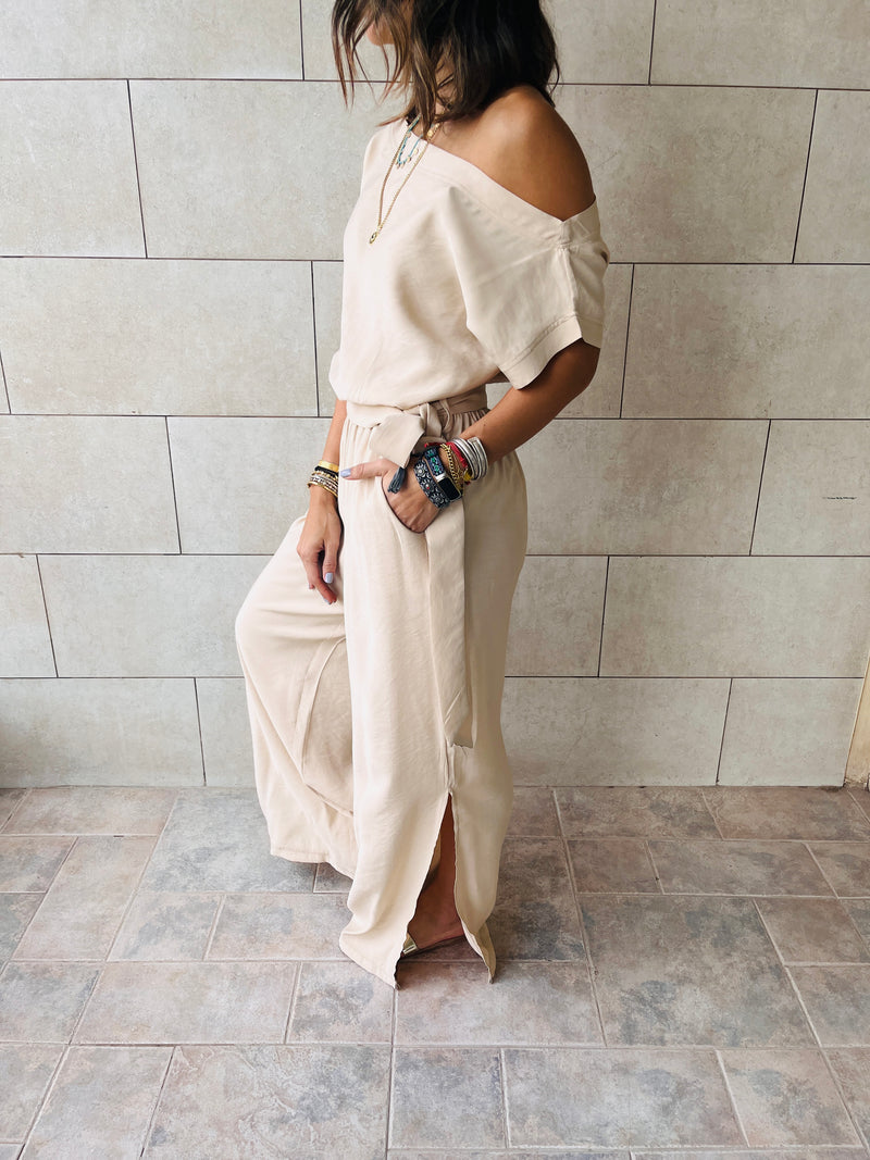 Beige Off Shoulder Slitted Jumpsuit