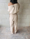 Beige Off Shoulder Slitted Jumpsuit