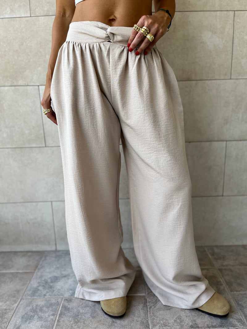 Beige Knot Waist Light Pants