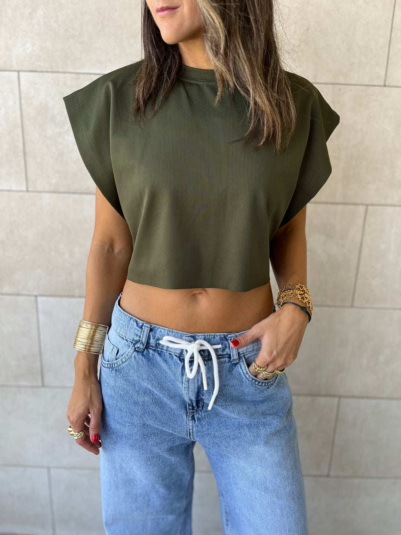 Olive Boxy Jersey Cropped T-Shirt