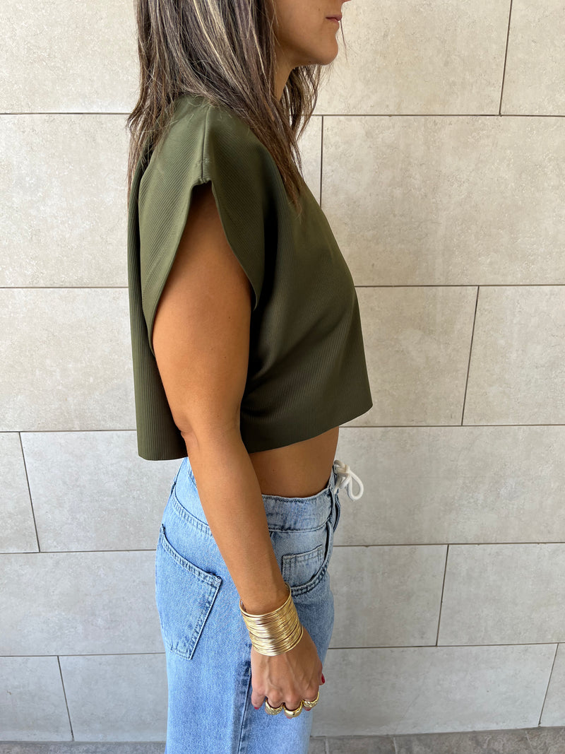 Olive Boxy Jersey Cropped T-Shirt