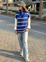 Blue Striped Sleeveless High Neck Quarter Zip Up