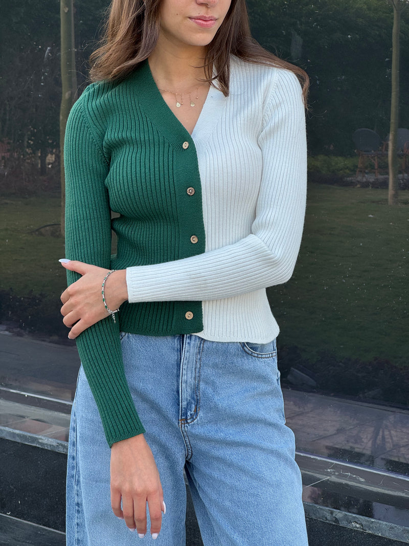 Green & White Contrast Knit Sweater