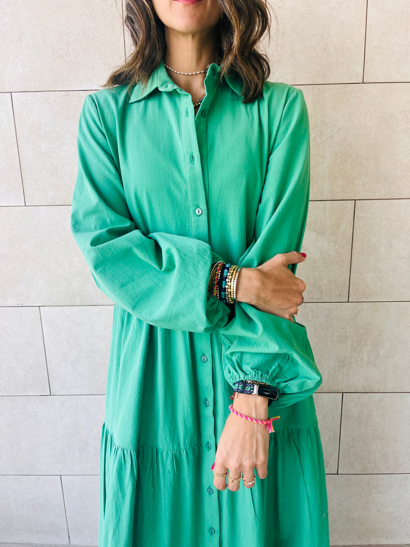 Green Cake Tiered Long Sleeve Dress