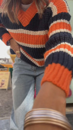 Black & Orange Striped V Knit Pullover