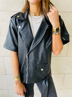 Black Short Sleeve Leather Biker Vest