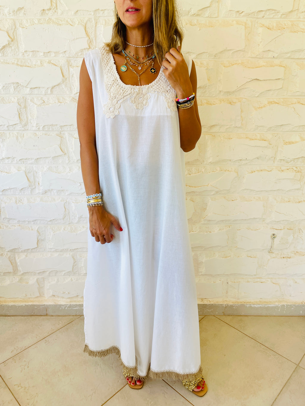 Sleeveless Embroidered Neck Dress