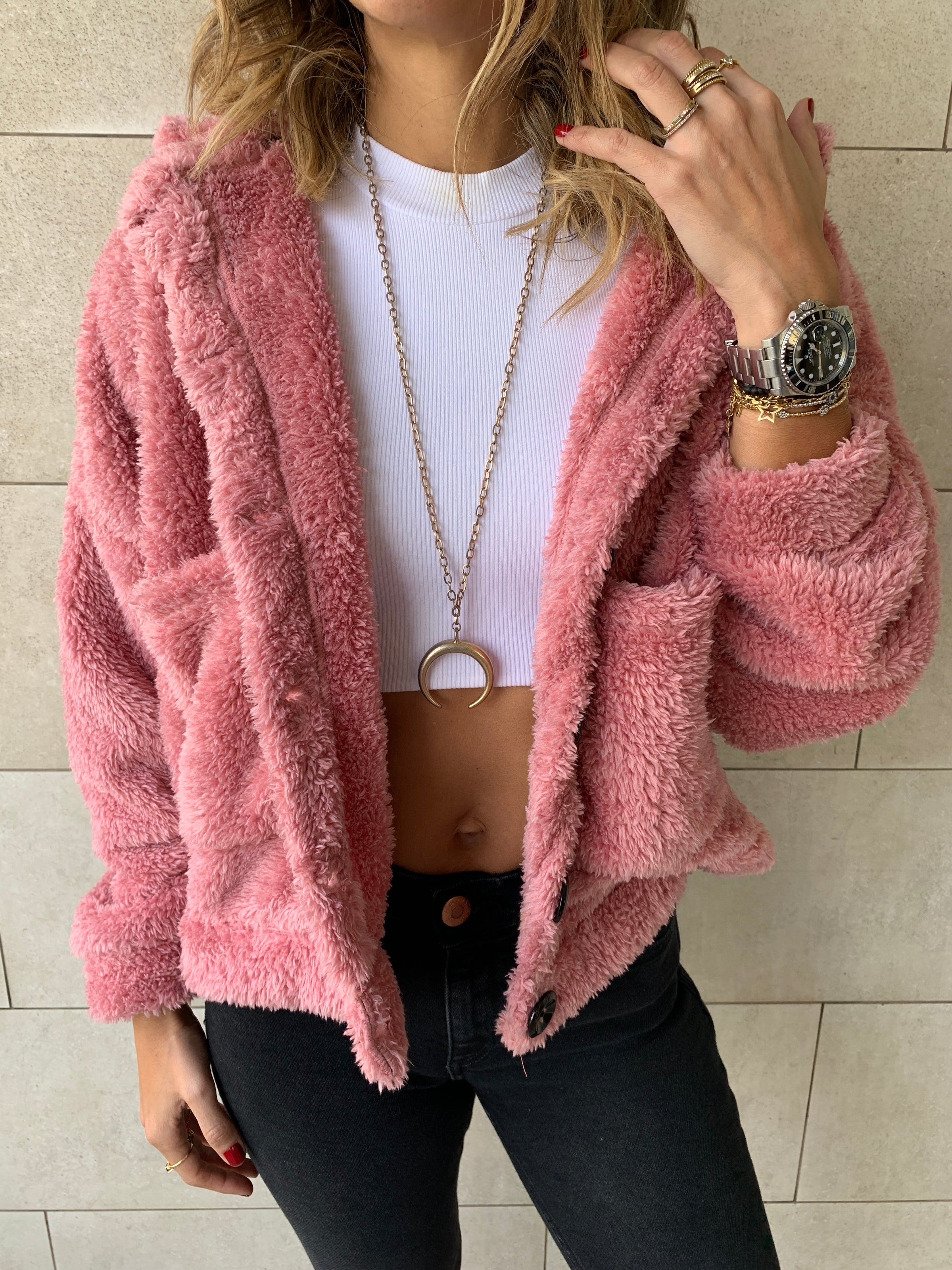 Pink faux teddy 2024 fur bomber jacket