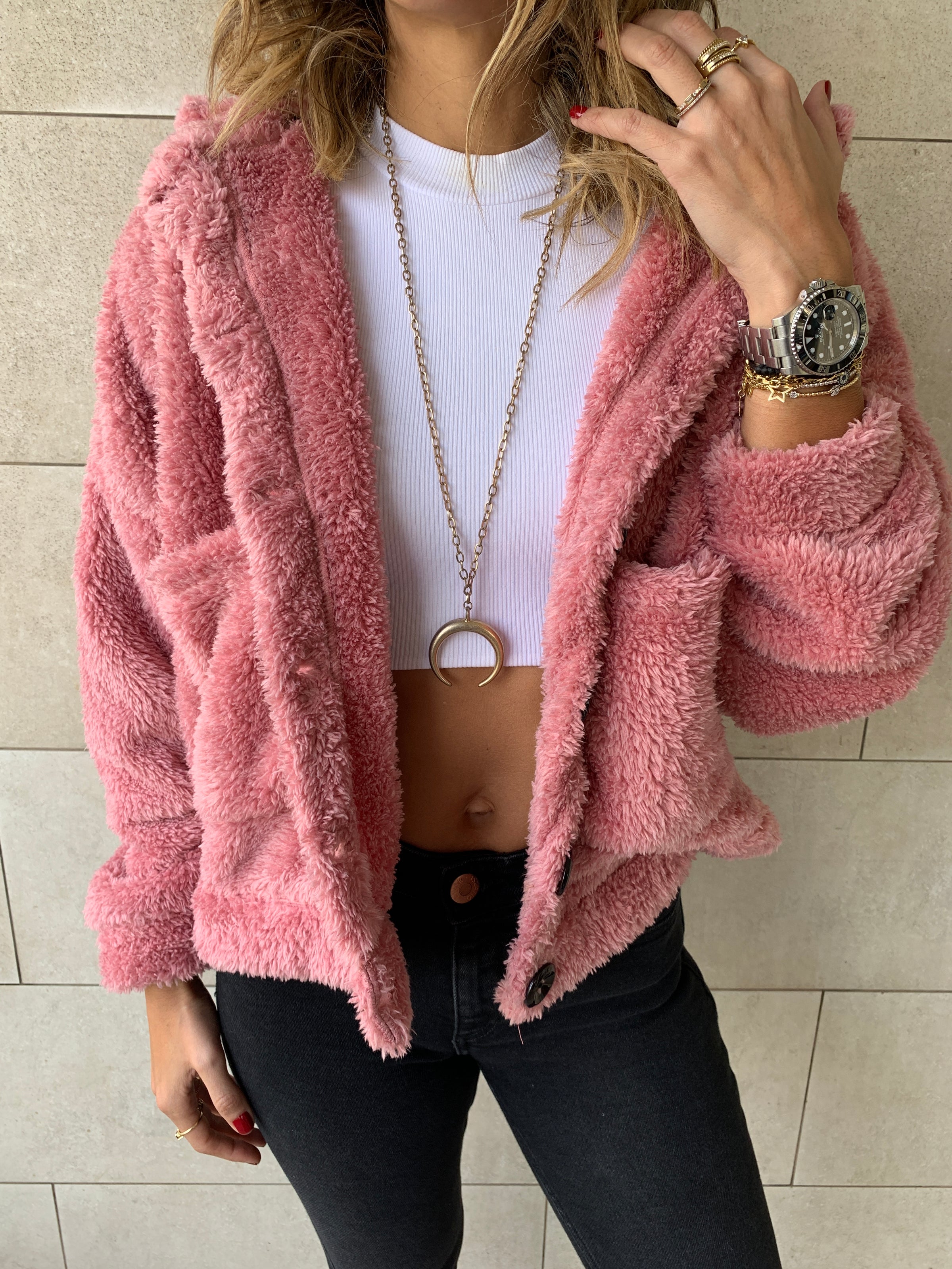 Pink shop teddy bomber