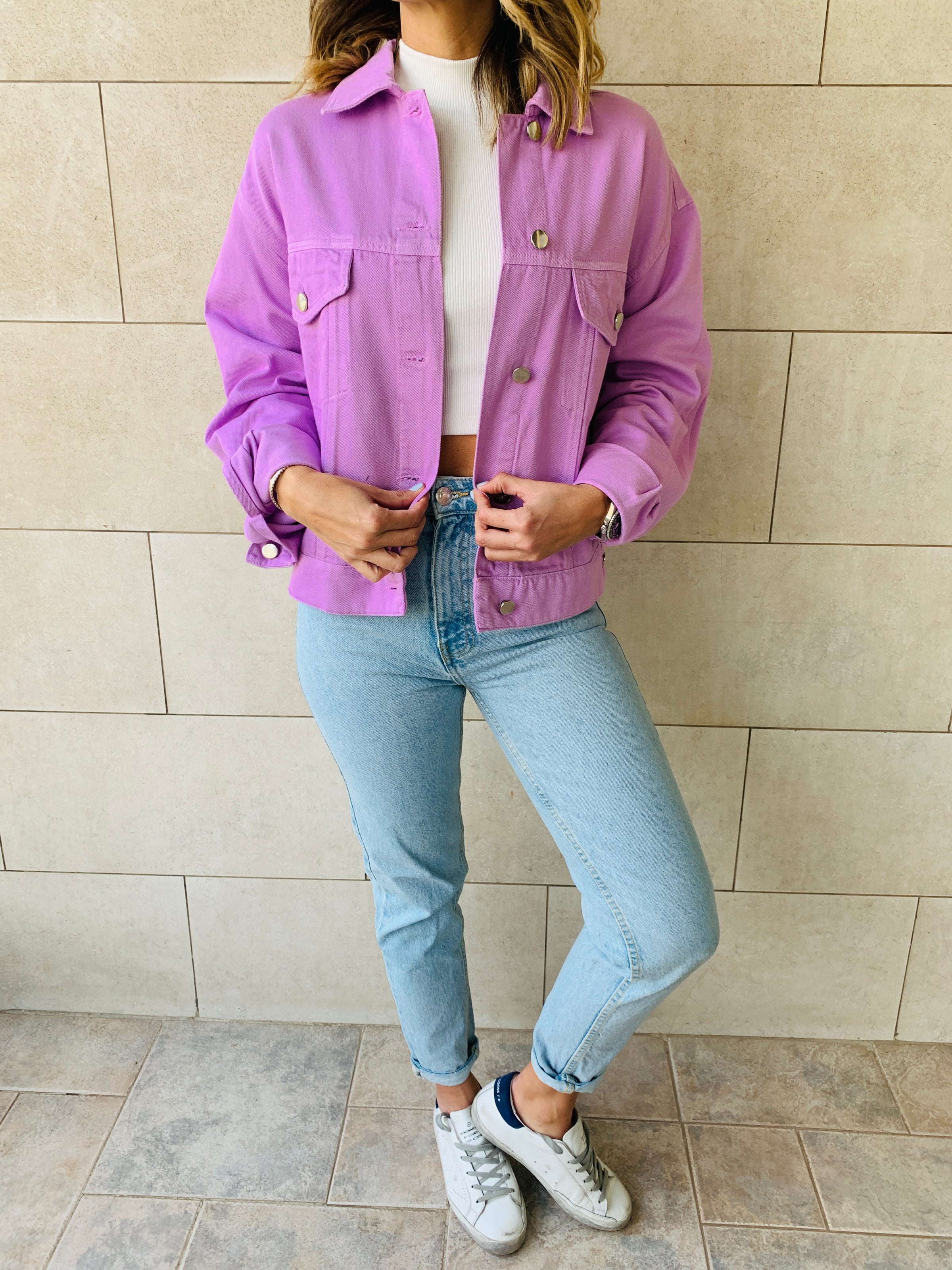 Purple denim jacket store outfit