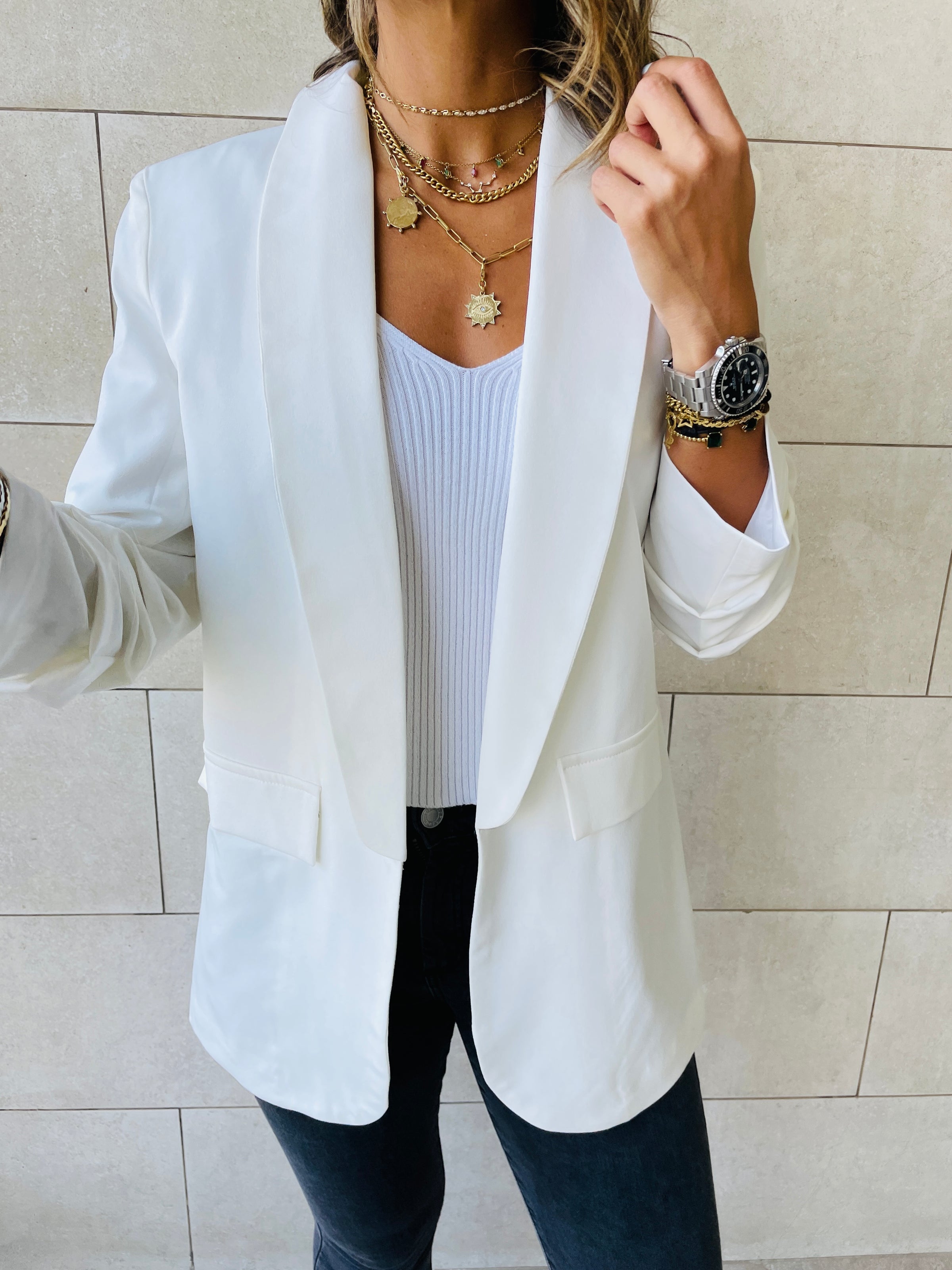 White frill sleeve on sale blazer