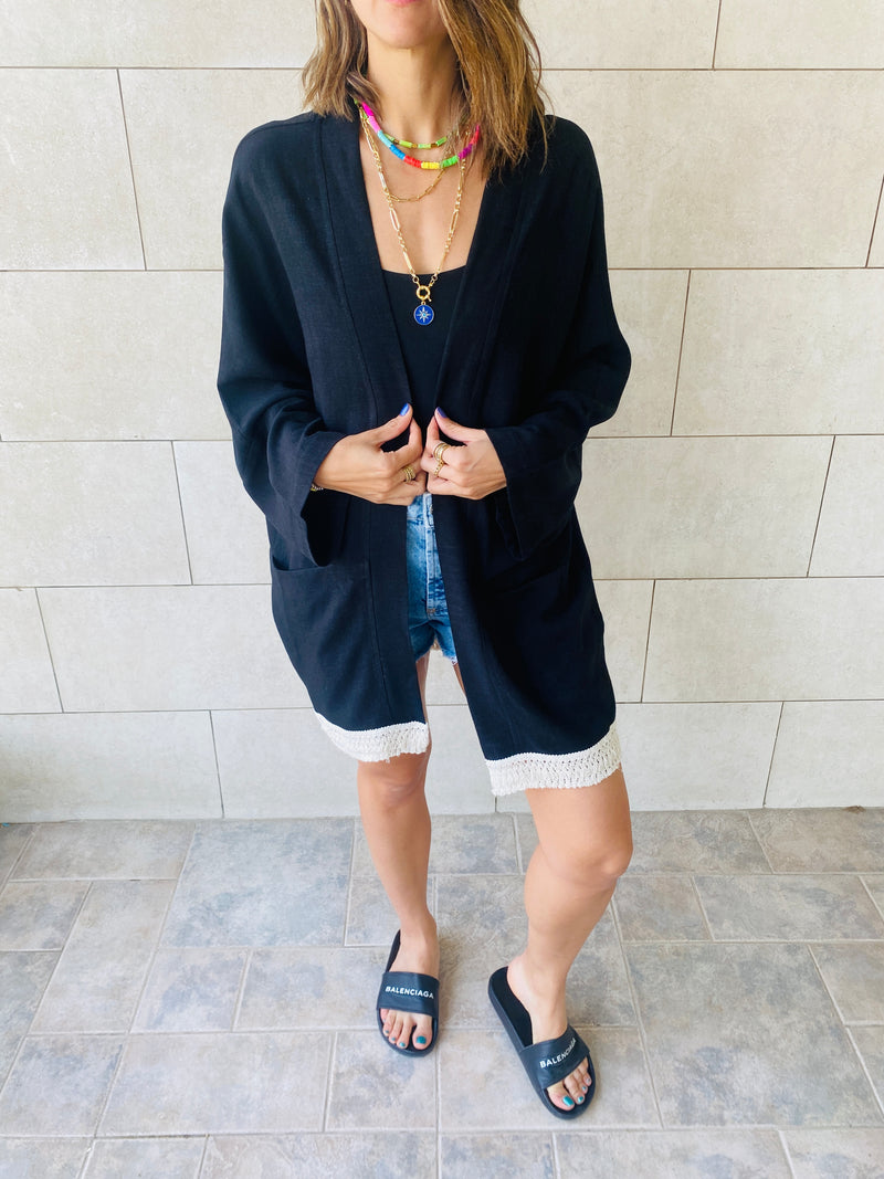 Black Tassel Trim Kimono