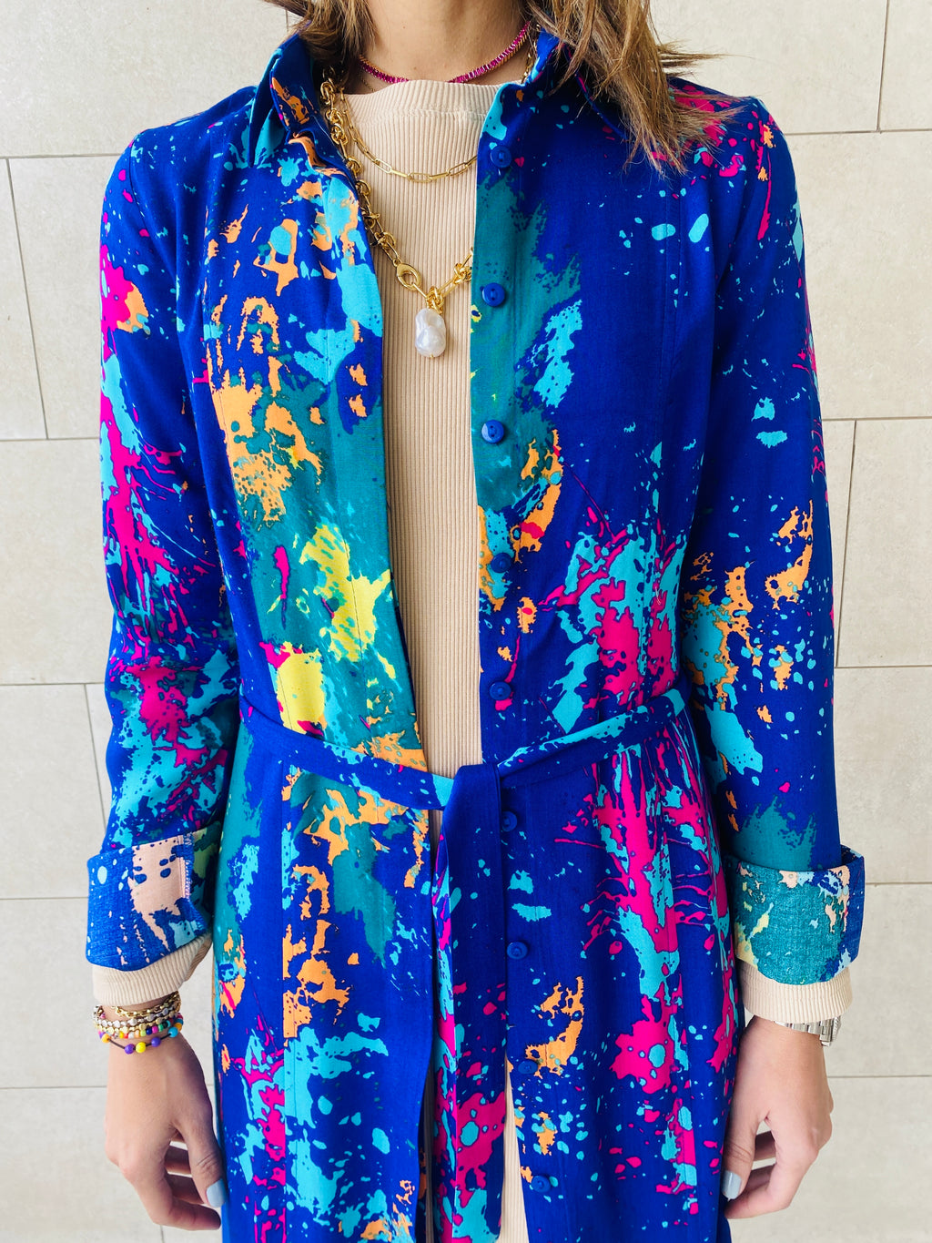 Blue Paint Splatter Open Shirt