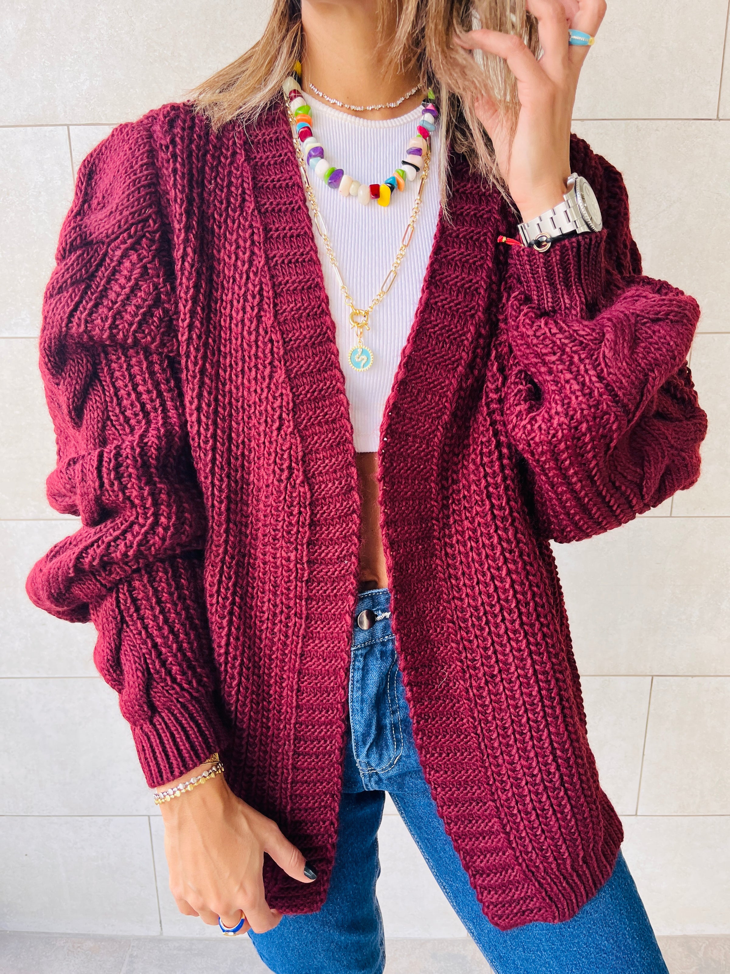 Burgundy chunky 2025 knit cardigan