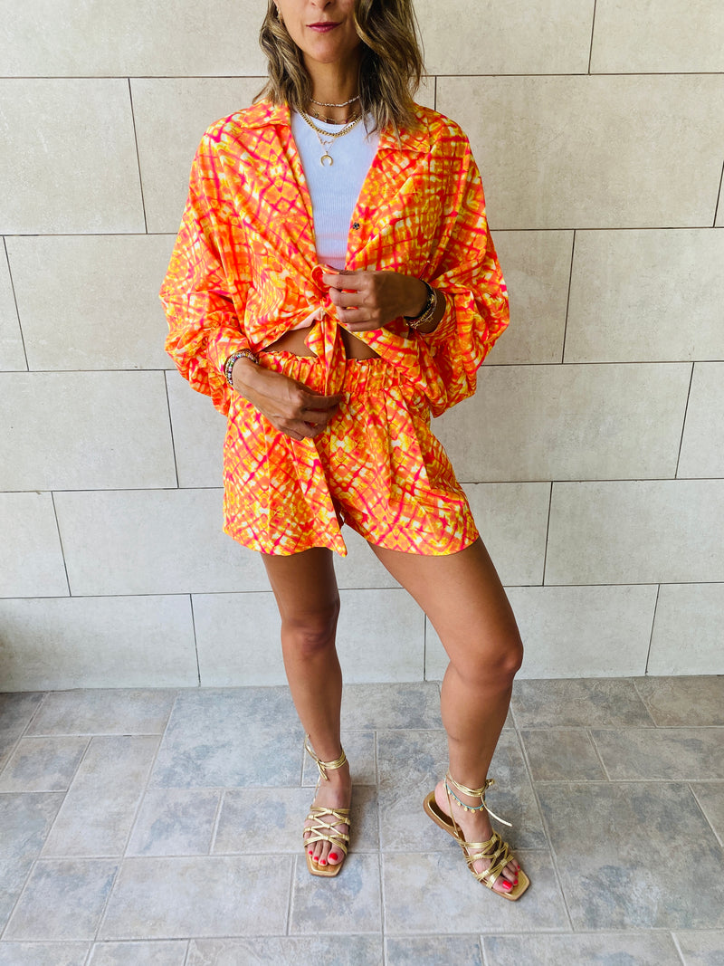 Orange Printed Shorts Set